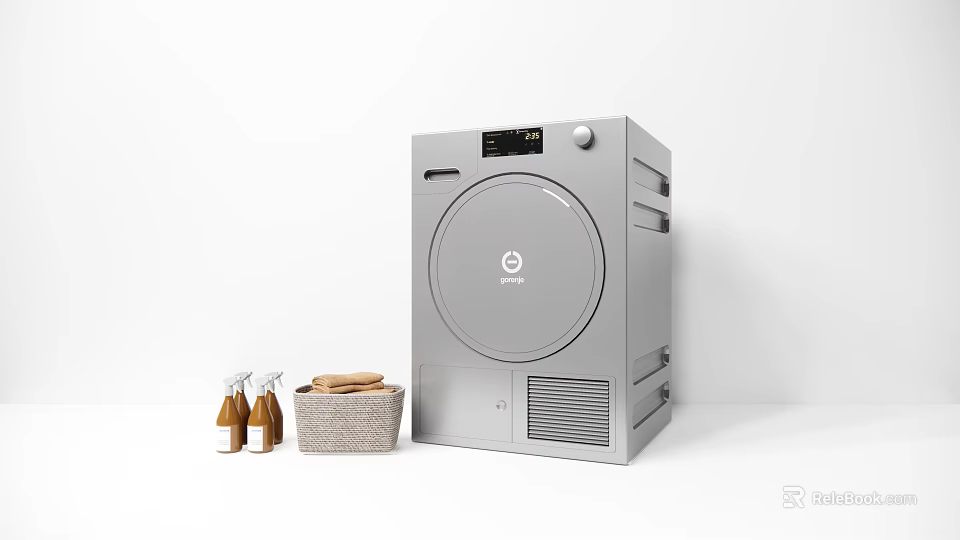 Modern Silver Washing Machine With Digital Display Cleaning Supplies And Laundry Basket 3d model 