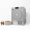 Modern Silver Washing Machine With Digital Display Cleaning Supplies And Laundry Basket