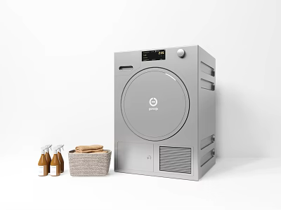 Modern Silver Washing Machine With Digital Display Cleaning Supplies And Laundry Basket 3d model