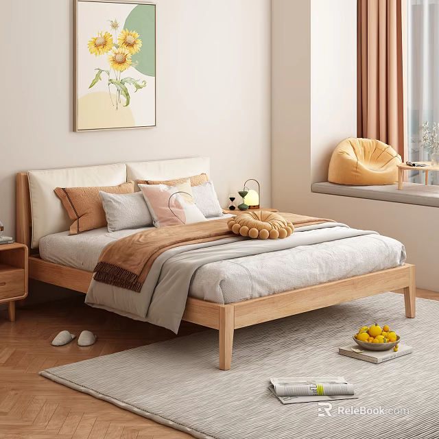 Double Bed with Wooden Frame Pillows and Blanket Bedside Table Lamp Sunflower Painting and Rug 3d model 