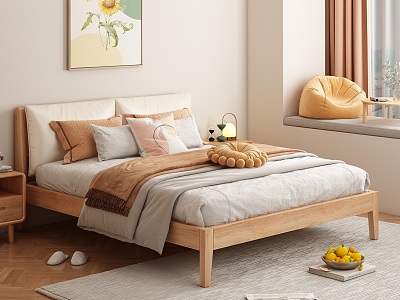 Nordic double bed solid wood soft bag bed 3d model