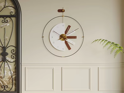 Wrought Iron Arched Door With White Wall Wainscoting Round Clock Brown Hands And Green Plant 3d model