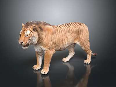 Brown Striped Tiger With Detailed Fur Standing On Dark Reflective Surface 3d model
