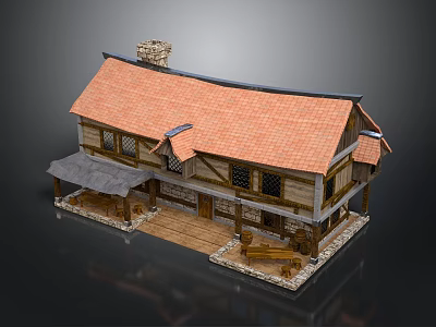 Traditional Cottage Structure Featuring Red Tile Roof Chimney Wooden Exterior Stone Walls And Front Porch 3d model