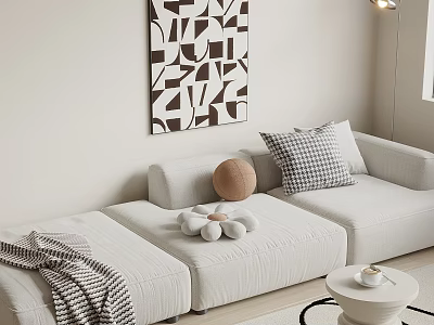 Modern White Three Seater Sofa With Plaid Pillows Round Cushion Blanket And Abstract Wall Art 3d model