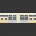 Single Story Building Exterior with White Grid Patterned Roof and Front Windows Doors