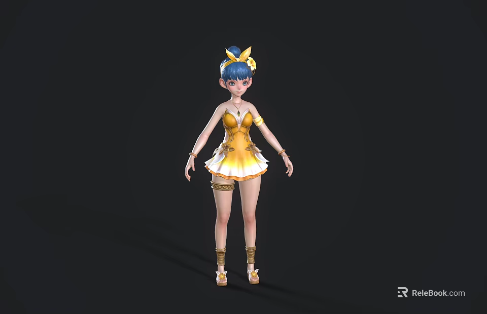 Woman With Blue Hair And Yellow Bow Wearing Yellow Dress And Shoes 3d model 