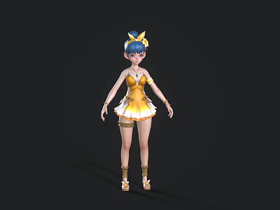 Woman With Blue Hair And Yellow Bow Wearing Yellow Dress And Shoes 3d model