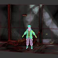 Character In Yellow Jacket Standing In Industrial Scene With Metal Walls Debris And Red Lighting