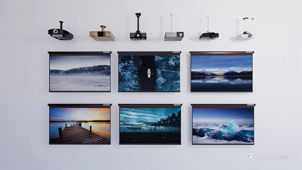 Projection Monitoring Equipment Display With Various Projectors And Landscape Projection Screens 3d model 