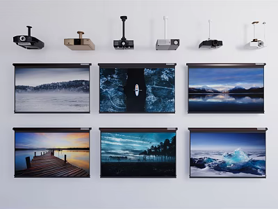 Projection Monitoring Equipment Display With Various Projectors And Landscape Projection Screens 3d model