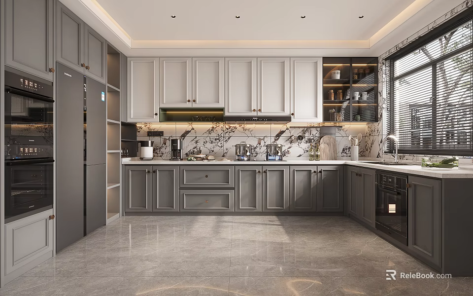 Modern Kitchen Interior With Gray Cabinets Marble Countertop And Stainless Appliances 3d model 