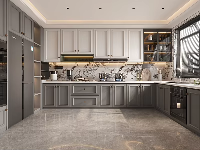 Modern Kitchen Interior With Gray Cabinets Marble Countertop And Stainless Appliances 3d model