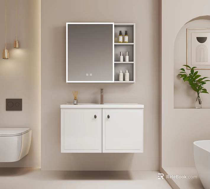 Modern White Bathroom Vanity Interior With Cabinet Mirror Storage And Green Plant 3d model 