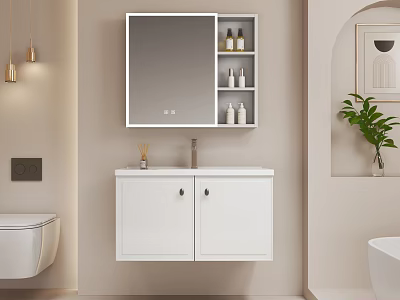 Modern White Bathroom Vanity Interior With Cabinet Mirror Storage And Green Plant 3d model