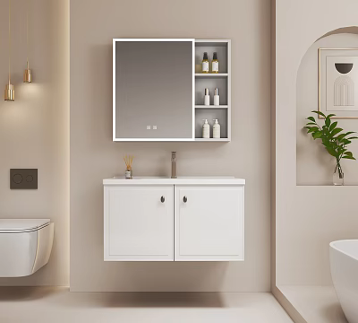 Modern White Bathroom Vanity Interior With Cabinet Mirror Storage And Green Plant 3d model