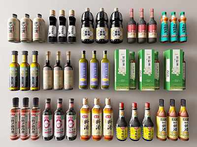 Colorful Assorted Condiment Bottles With Various Designs And Labels For Kitchen Storage 3d model