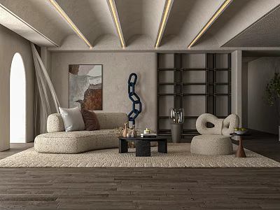 Modern Living Room Interior Design With Curved Sofa Unique Chair And Decorative Art 3d model
