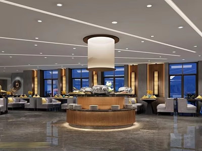 Modern Restaurant Interior With Large Pendant Light Round Central Counter And Buffet Setup 3d model