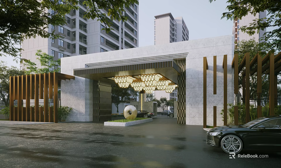 Modern Entrance Gate With Decorative Chandeliers Spherical Decoration High Rise Buildings And Greenery 3d model 