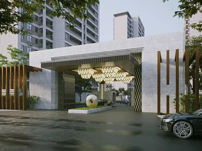 Modern Entrance Gate With Decorative Chandeliers Spherical Decoration High Rise Buildings And Greenery 3d model