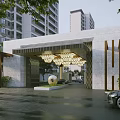 Modern Entrance Gate With Decorative Chandeliers Spherical Decoration High Rise Buildings And Greenery