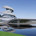 Modern Spiral Cultural Center Building With Water Reflection And Green Lawn