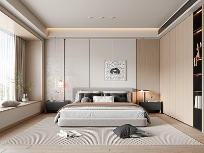 Modern Bedroom Interior With Cozy Bed Pendant Lights Wall Art Large Window And Wooden Wardrobe 3d model