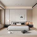 Modern Bedroom Interior With Cozy Bed Pendant Lights Wall Art Large Window And Wooden Wardrobe