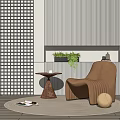 Modern Single Sofa with Lattice Wall Vertical Stripes Green Plant Round Table and Round Rug