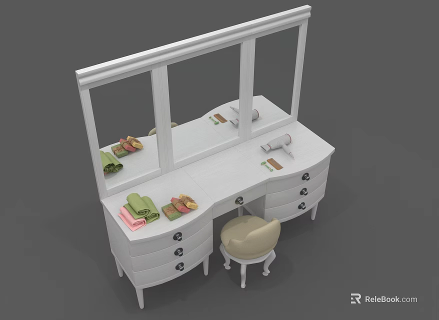 White Dressing Table With Mirror Drawers Stool And Towels On Surface 3d model 