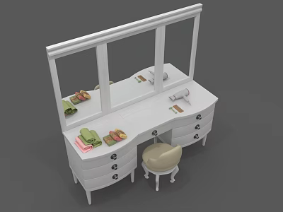 White Dressing Table With Mirror Drawers Stool And Towels On Surface 3d model