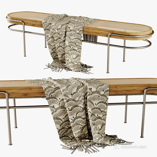 Stylish Wooden Footstool With Metal Frame And Patterned Blanket For Living Room Decor 3d model 