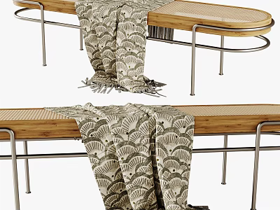 Stylish Wooden Footstool With Metal Frame And Patterned Blanket For Living Room Decor 3d model