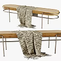 Stylish Wooden Footstool With Metal Frame And Patterned Blanket For Living Room Decor
