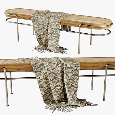 Stylish Wooden Footstool With Metal Frame And Patterned Blanket For Living Room Decor 3d model