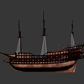 Cartoon Scene Of A Sailing Ship With Three Masts Brown Hull And Red Decorative Details