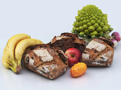 Fresh Colorful Food Display With Bananas Artisan Bread Apple Romanesco Broccoli And Kiwano 3d model