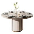 Round Stylish Dining Tables With Tableware Green Plants And Various Base Designs 3d model