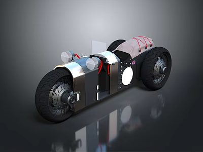 Vintage Style Motorcycle with Metallic Silver Body Black Wheels Round Headlights and Red Striped Seat 3d model