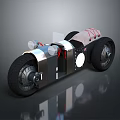 Vintage Style Motorcycle with Metallic Silver Body Black Wheels Round Headlights and Red Striped Seat