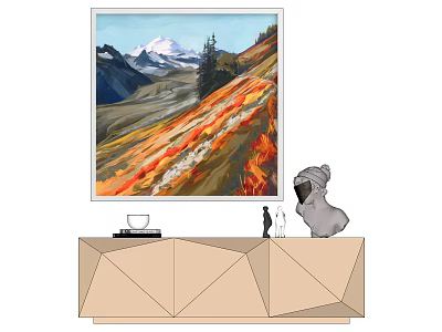 Living Room Decor With Mountain Landscape Painting Geometric Sideboard White Cup And Decorative Figures 3d model