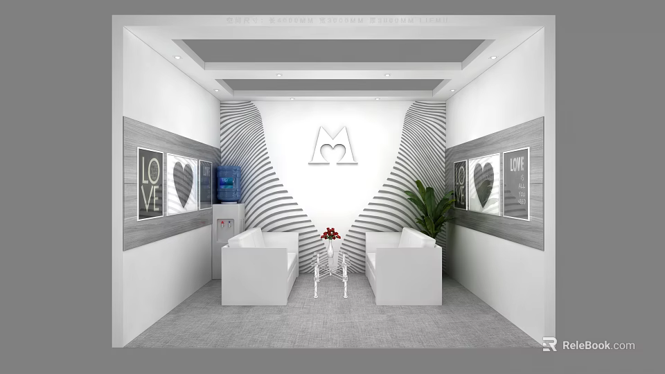 Modern Lounge Area with White Sofas Small Table Flowers Wavy Wall Decorative Paintings Green Plant 3d model 