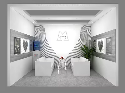 Modern Lounge Area with White Sofas Small Table Flowers Wavy Wall Decorative Paintings Green Plant 3d model