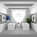 Modern Lounge Area with White Sofas Small Table Flowers Wavy Wall Decorative Paintings Green Plant