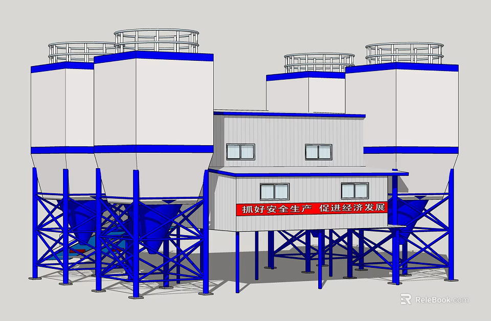 Industrial Storage Tanks With Blue Steel Frames Control Cabinets And Top Railings 3d model 