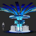 Modern Exhibition Island With Blue Radial Ceiling Digital Display And White Platform