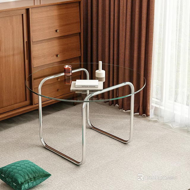 Glass Top Side Table with Metal Frame Near Wooden Chest Brown Curtains and Carpet 3d model 