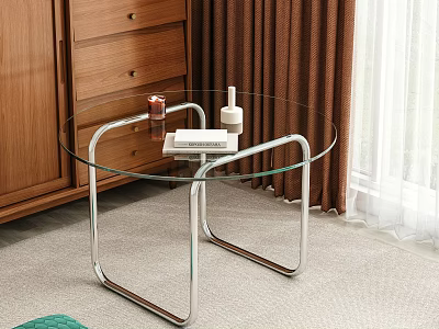 Glass Top Side Table with Metal Frame Near Wooden Chest Brown Curtains and Carpet 3d model