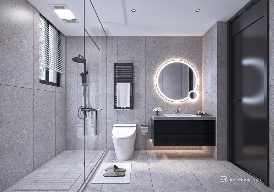 Modern Bathroom With Gray Tiles Glass Shower Round Backlit Mirror Black Vanity And Smart Toilet 3d model 